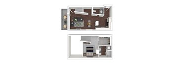 A top and bottom view of a small apartment layout.