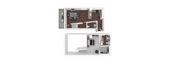 A top and bottom view of a small apartment with a kitchen, living room, and bathroom.