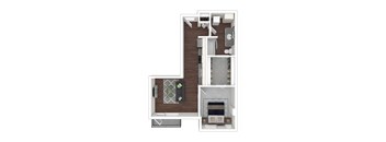 A 3D floor plan of a house with a living room, kitchen, and bathroom.