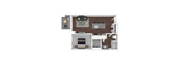 A 3D floor plan of a house with a kitchen, living room, and bathroom.