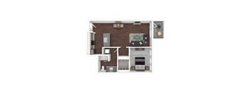 A top-down view of a living room with a fireplace, a kitchen area, and a dining area.