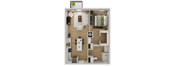 a 3d rendering of a bedroom and living room with a wood floor