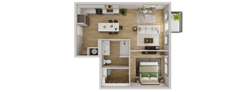 a 3d rendering of a bedroom with a bathroom and a living room