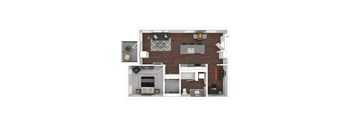 A top-down view of a house layout with a kitchen, living room, and bedrooms.