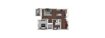 A top-down view of a house layout with a living room, kitchen, and bathroom.