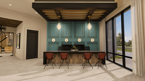 A dining room with a table set for four.