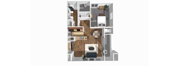 A top down view of a house with a kitchen, living room, and dining area.