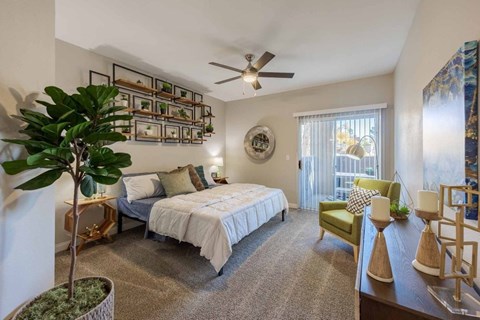 A bedroom with a bed, chair, and a plant.