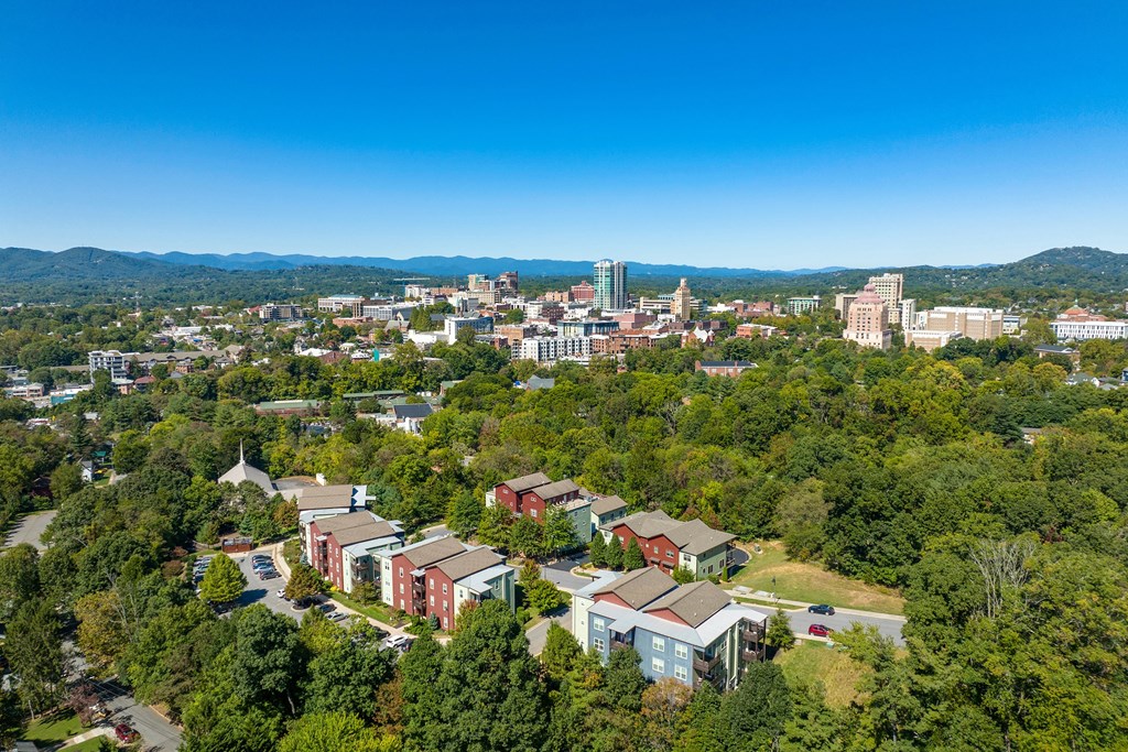 Aerial image of Sky Loft with mountains in background