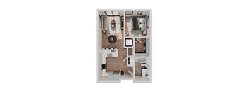 A top-down view of a small apartment with a kitchen, living room, and bathroom.