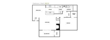A floor plan of a one bedroom apartment with 835 square feet.