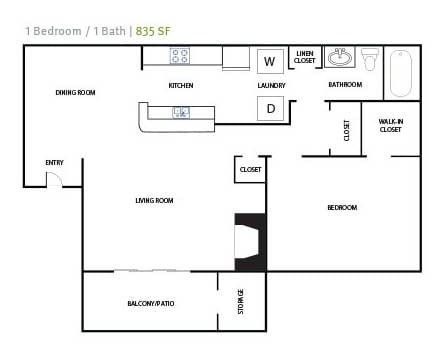 A floor plan of a one bedroom apartment with 835 square feet.