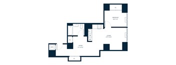 A floor plan of a house with a living room, bedroom, and foyer.