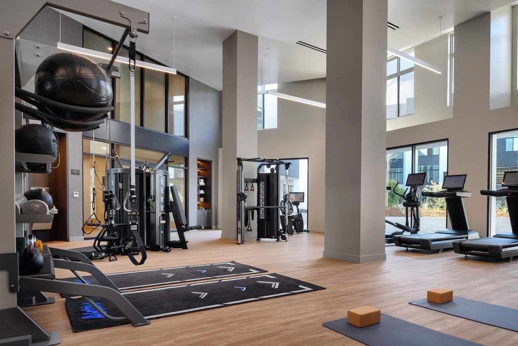 a gym with weights and other exercise equipment in a building with large windows