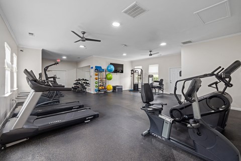the fitness center with treadmills and other exercise equipment