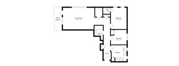 A floor plan of a house with a living room, kitchen, and three bedrooms.