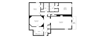 A black and white floor plan of a house with a kitchen, living room, dining room, and two bedrooms.