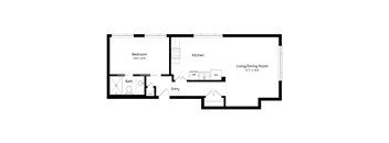 A floor plan of a home with a bedroom, bathroom, kitchen, and living/dining room.