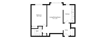 A floor plan of a small apartment with a bedroom, living/dining room, kitchen, bathroom, and entry.