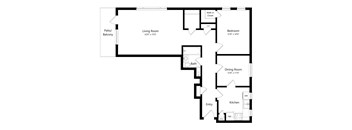 A floor plan of a house with a living room, dining room, kitchen, and two bedrooms.
