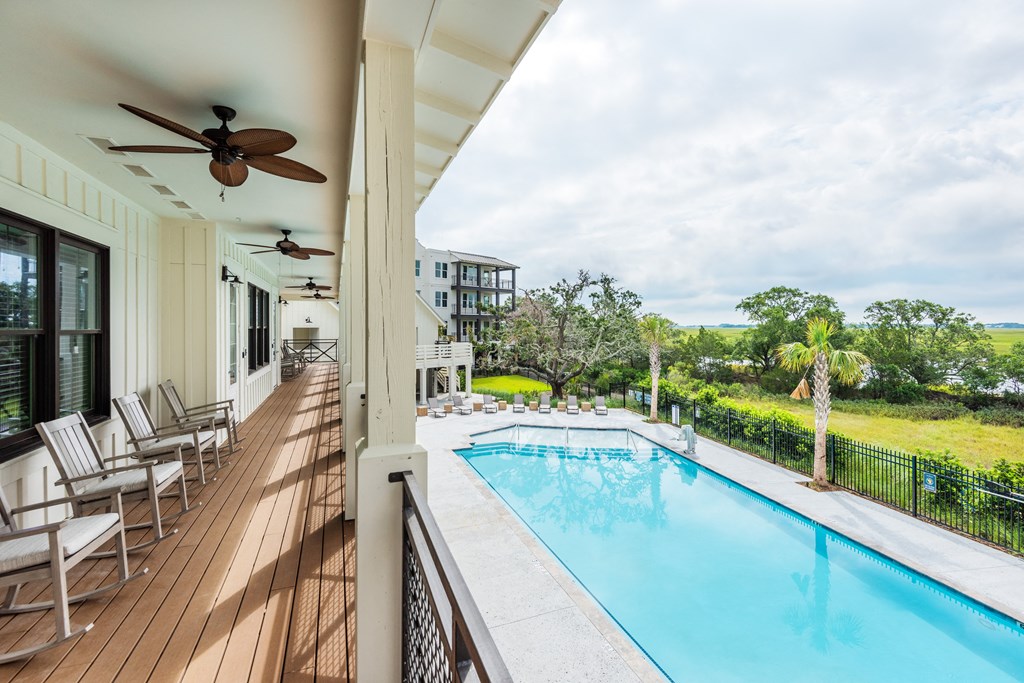 Club house porch with pool and marsh views