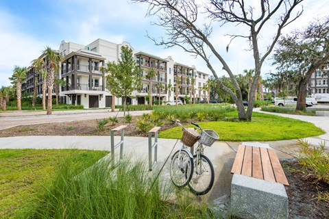 Exterior green space with bike rack