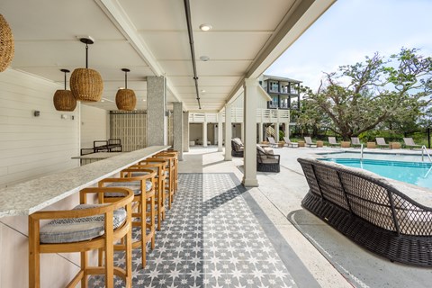 Poolside bar area with seating