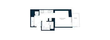 A floor plan of a house with a living/sleeping area, a terrace, and a kitchen.