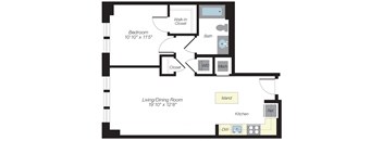 A floor plan of a house with a living/dining room, kitchen, two closets, a bath, a bedroom, and an island.