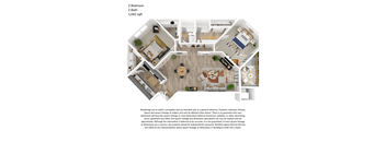 A floor plan of a 1,042 sqft apartment with 2 bedrooms and 2 baths.