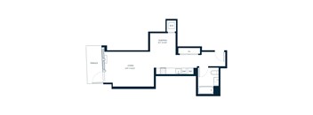 A floor plan of a house with a sleeping area, living room, and bathroom.