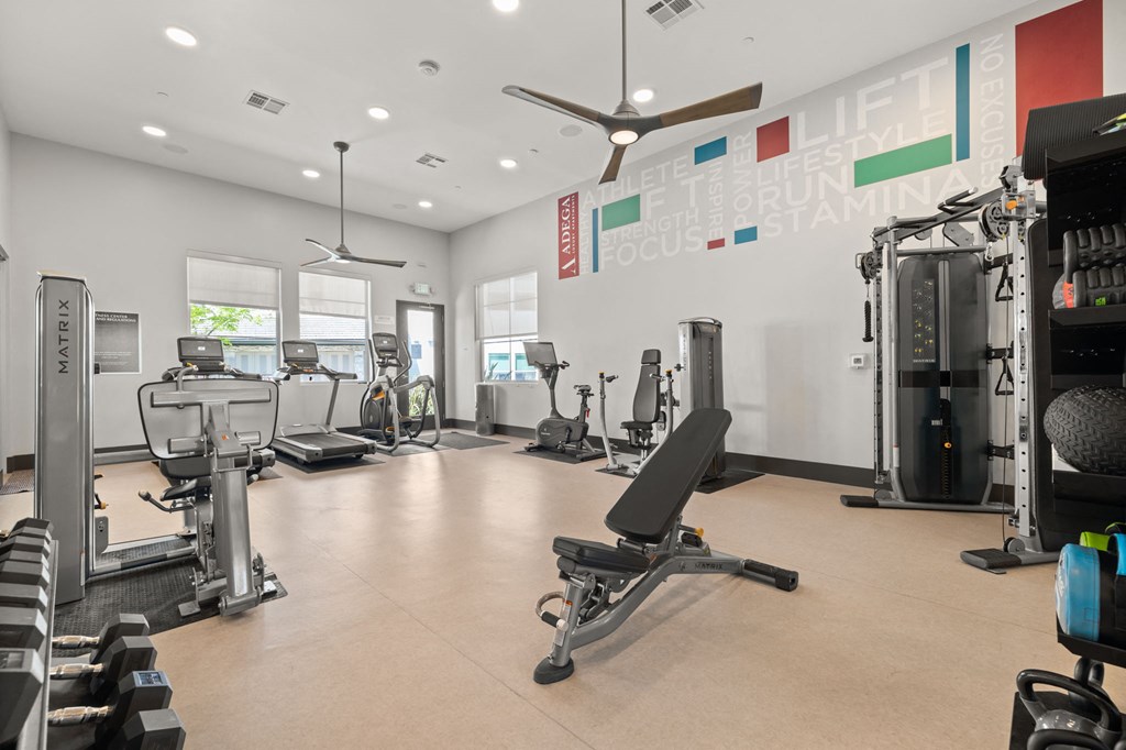 a gym with treadmills and other exercise equipment