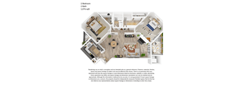 A floor plan of a 1,076 square foot apartment with two bedrooms and two baths.