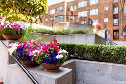 a terrace with potted plants and a person on a balcony in the background