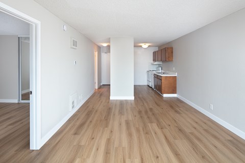 a spacious living room with hardwood flooring and an open kitchen