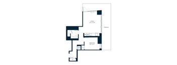 A floor plan of a living room, bedroom, and bathroom.