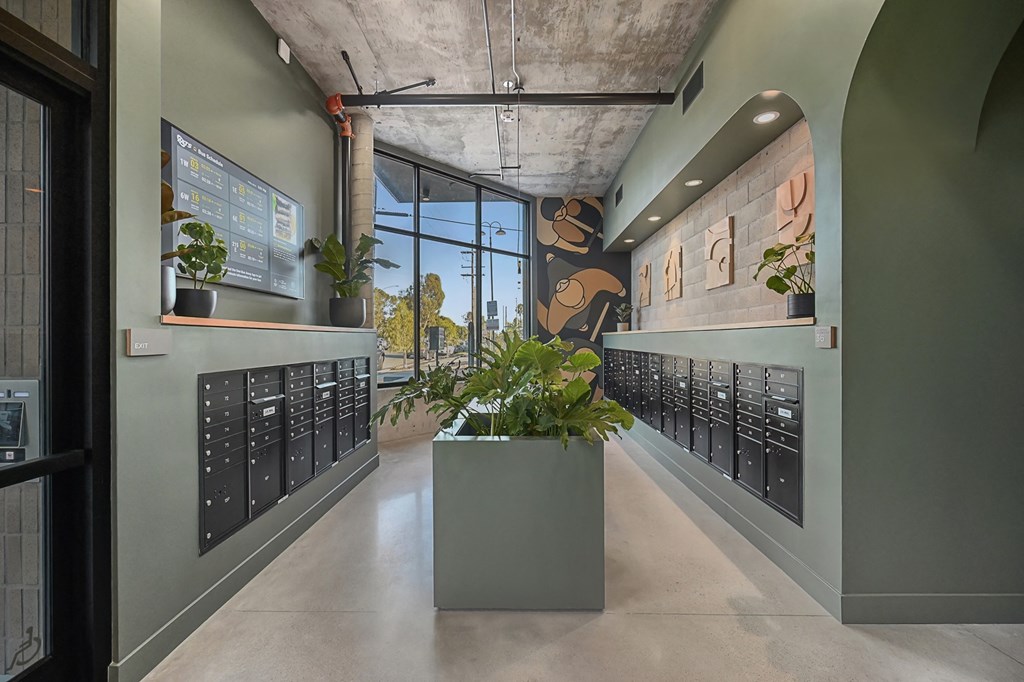 a tasting room with bottles of wine on the wall and a plant