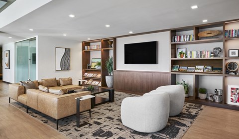 Indoor clubhouse lounge with seating, tv, ceiling lighting