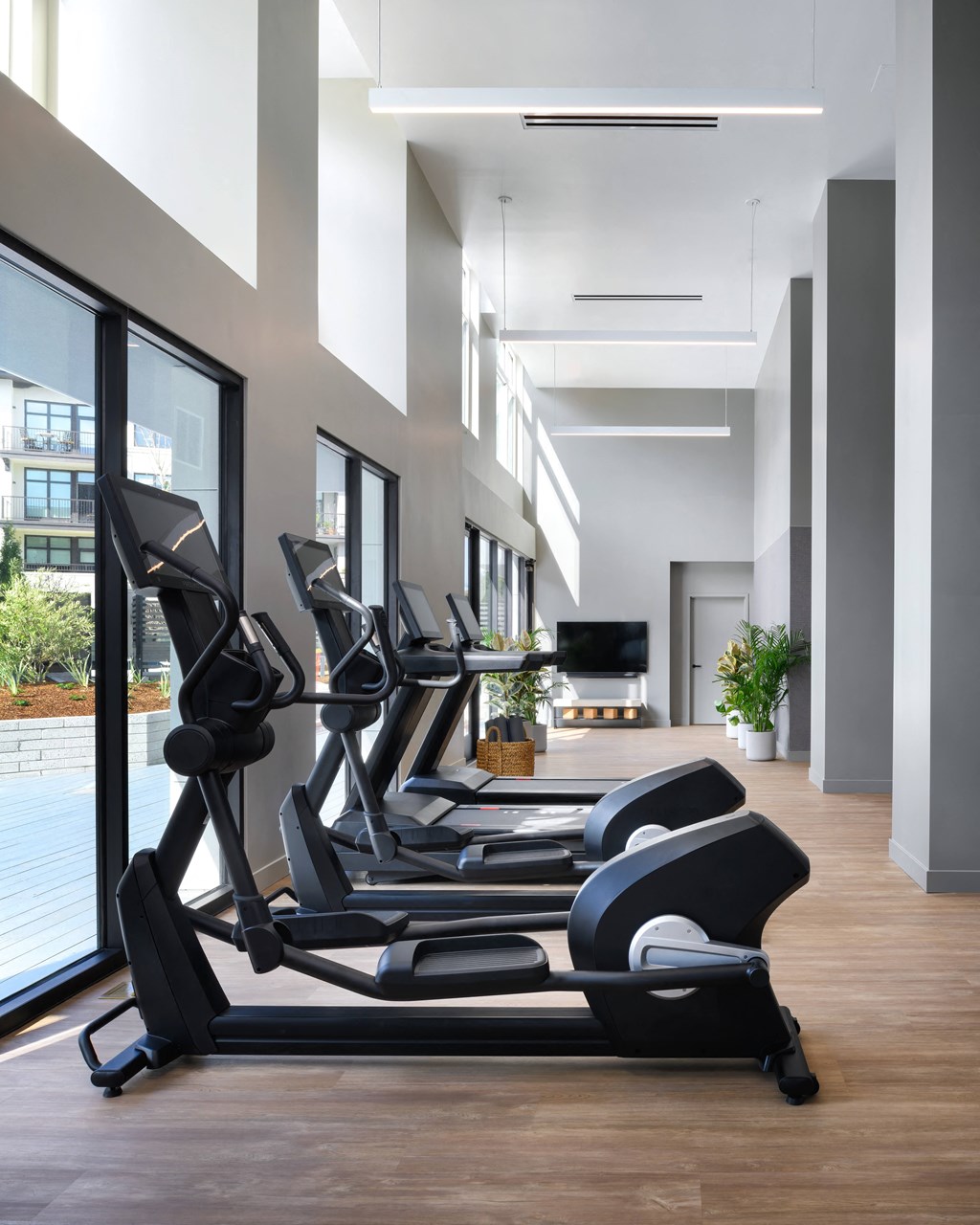 a row of treadmills in a gym with a swimming pool
