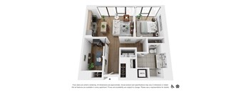 a spacious two bedroom apartment with two bathrooms and a living room with a fireplace and a balcony