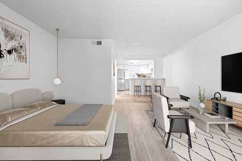 A modern bedroom with a large bed and a television.