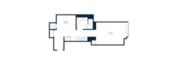 A floor plan of a room with a sleeping area and a living area.