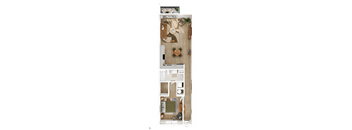 A floor plan of a small apartment with a kitchen, living room, and bathroom.