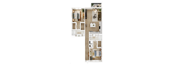 A top-down view of a small apartment layout with a kitchen, living room, and bedroom.