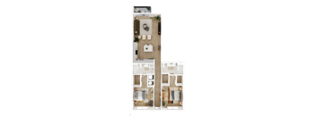A top-down view of a two-bedroom apartment with a living room, kitchen, and bathroom.