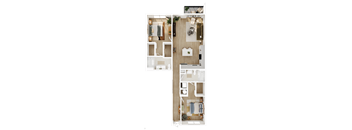 A floor plan of a house with a kitchen, living room, and two bedrooms.