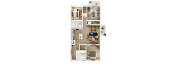 A top-down view of a small apartment with a kitchen, living room, and two bedrooms.