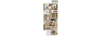 A top-down view of a small apartment layout with a kitchen, living room, and bathroom.
