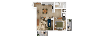 A top-down view of a living room with a couch, coffee table, and a television.