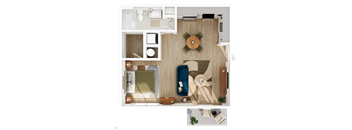 A top-down view of a living room with a couch, coffee table, and a rug.